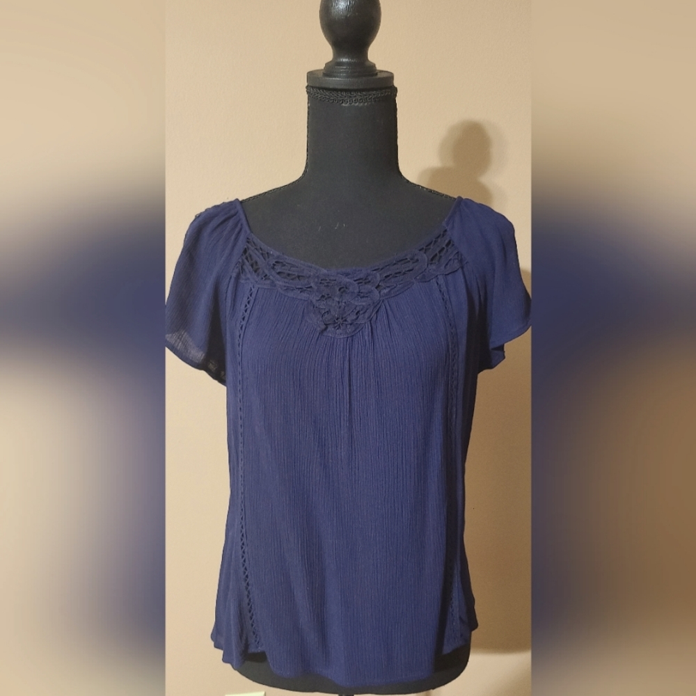 Vintage Navy Blouse with Cap Sleeves, Lace Trim, Size Medium by Red Camel